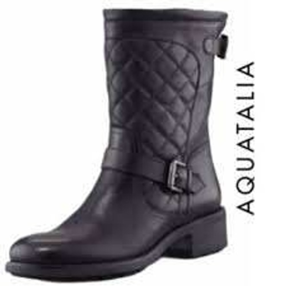 Aquatalia Lynn Quilted Black Leather Moto Boots 8‎ 1/2